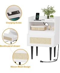 gaomon Nightstand Set of 2, Rattan End Table with Charging Station, 2 Open Shelves Beside Table with Drawer and Solid Legs, White