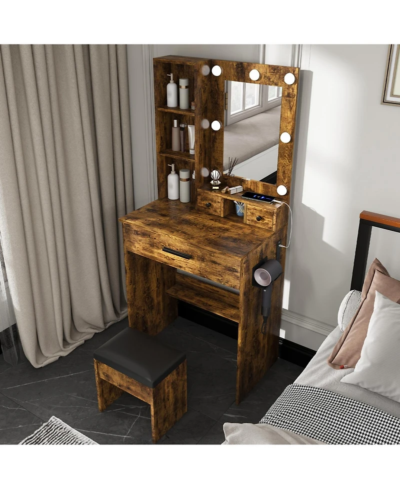 Streamdale Furniture Streamdale Vanity Table with Led Lights, Outlet, Stool - Compact Dressing Desk (Vintage