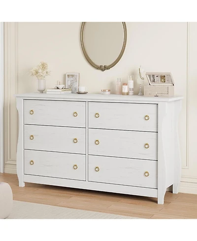 gaomon 6-Drawer Modern Wood Dresser with Golden Ring Pull Handles, Wide Storage Cabinet for Living Room, Entryway