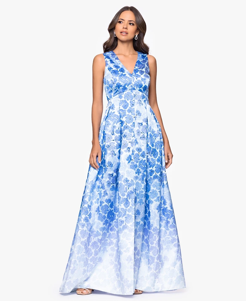 Betsy & Adam Petite V-Neck A-Line Gown