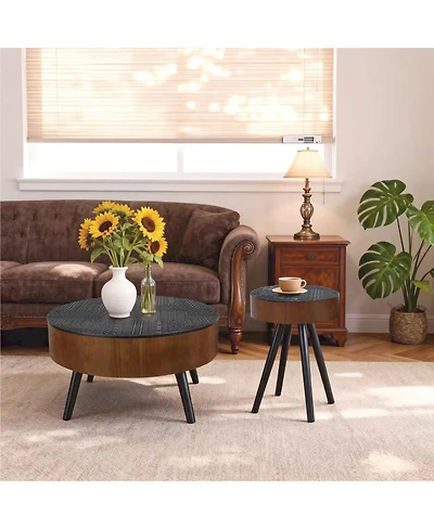 Streamdale Furniture 31.5" Round Carved Coffee Table with Storage - Mid-Century Modern (Brown/Black