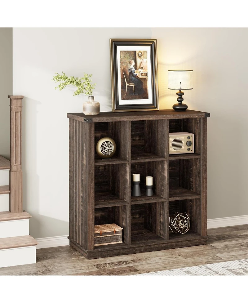 gaomon 9-Cube Storage Organizer Bookcase, 37.4" Long Low 4-Tier Farmhouse Wood Shelf for Entryway & Living Room