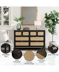 gaomon 6-Drawer Dresser, Rattan Storage Chest with Metal Handles & Wood Legs for Bedroom, Black