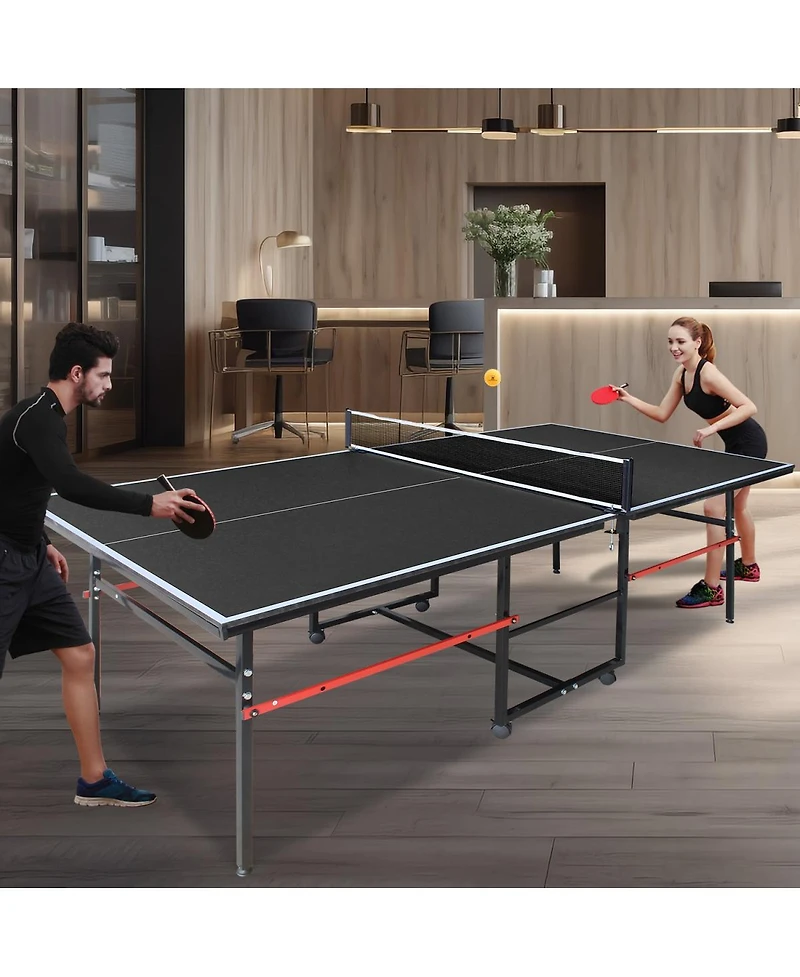 Baofuwish 8FT Indoor Table Tennis Table Set with Foldable Mdf Surface, Portable Black Ping Pong Table with Net, 2 Paddles and 3 Balls for Home Use