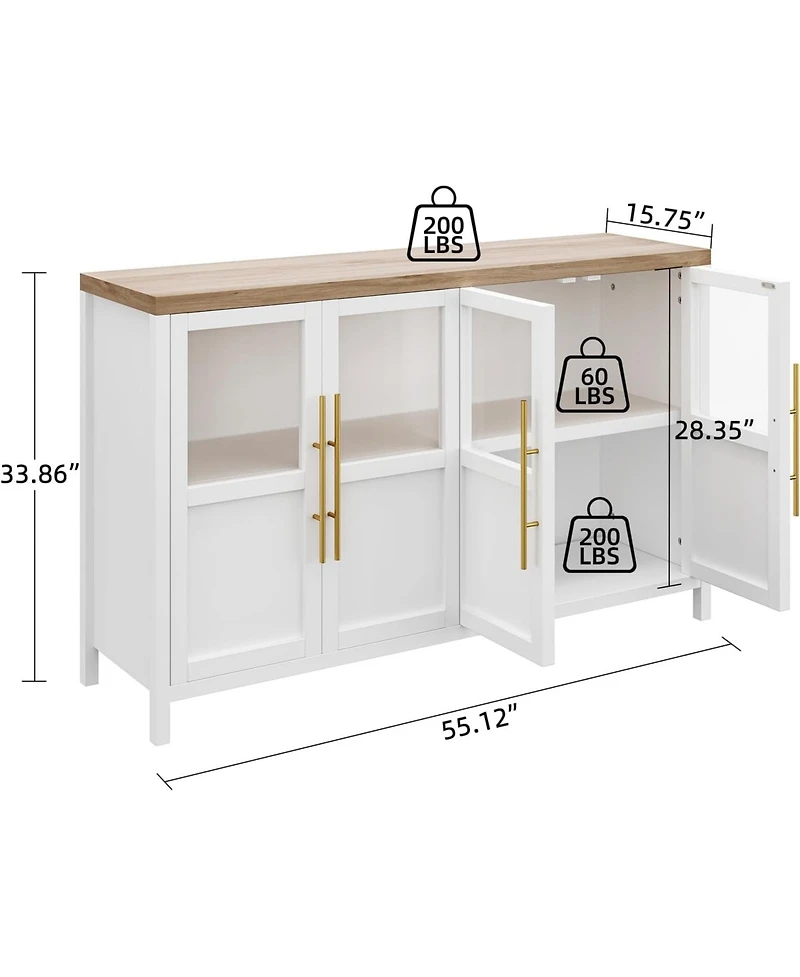 gaomon 55" Buffet Cabinet with 4 Glass Doors, Modern Farmhouse Sideboard with Storage