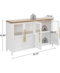 gaomon 55" Buffet Cabinet with 4 Glass Doors, Modern Farmhouse Sideboard with Storage