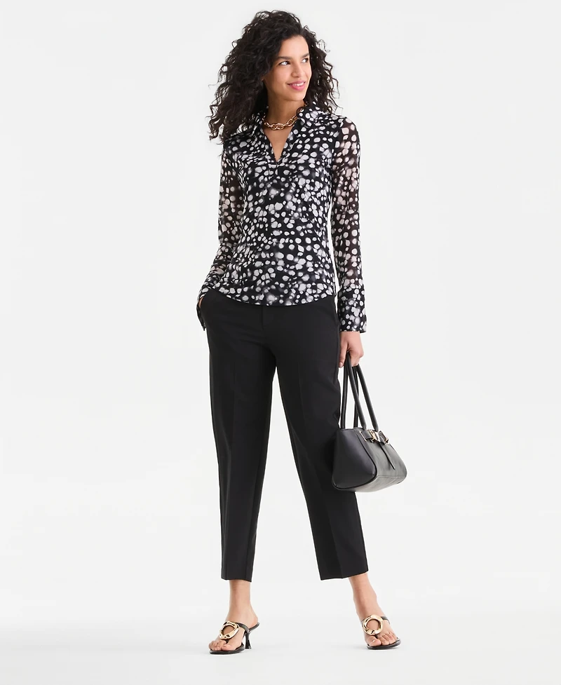 I.n.c. International Concepts Women's Long-Sleeve Printed Mesh Collared Top, Macy's Exclusive