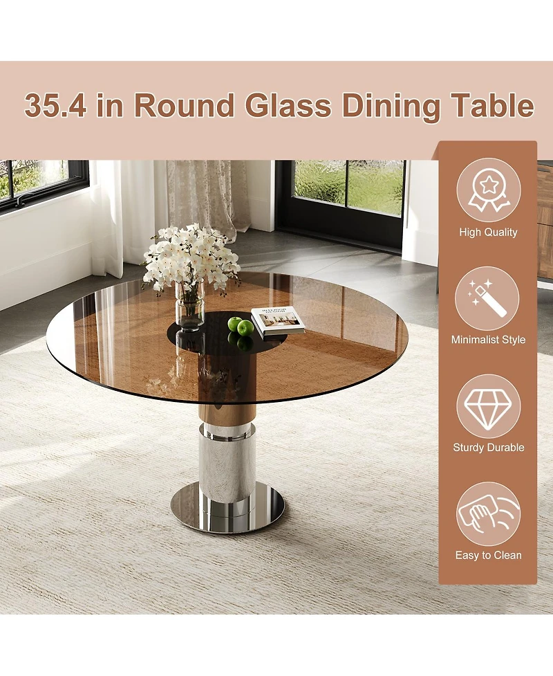 Streamdale Furniture 35" Round Glass Dining Table with Stainless Steel Legs (Seats 2-4