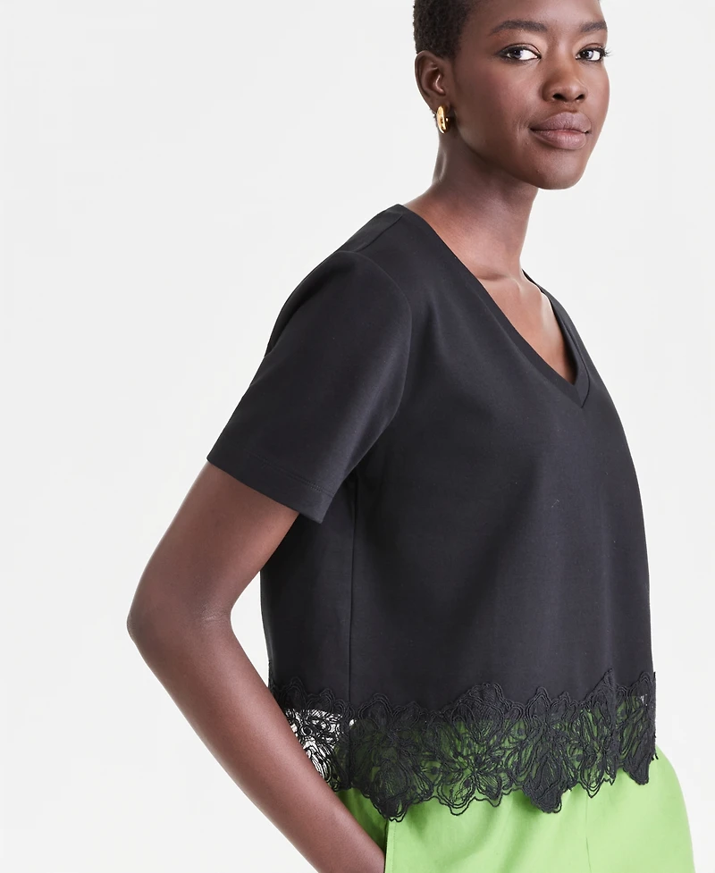 I.n.c. International Concepts Women's Lace-Trim Short Sleeve T-Shirt, Macy's Exclusive