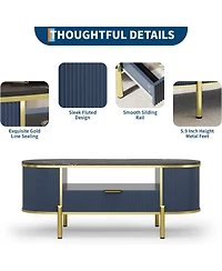 gaomon 48" Oval Coffee Table with Fluted Design & Faux Marble Top, Modern Center Table with Drawers