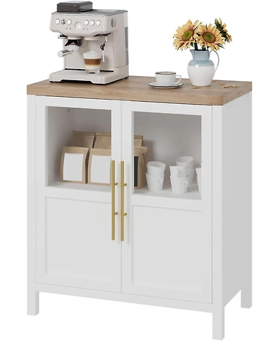 gaomon Sideboard Cabinet with 2 Glass Doors and Drawers, 29" Buffet with Solid Wood Top, White