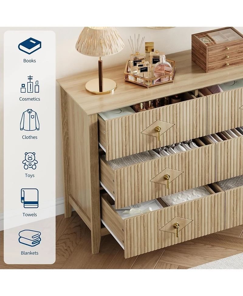 gaomon 47" Wide Fluted Dresser, 6 Drawer Modern Wood Storage Chest for Bedroom or Living Room