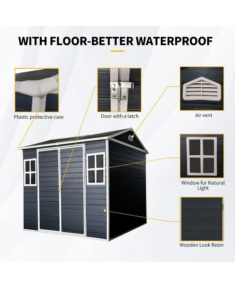Mondawe 8 x 6 ft Resin Outdoor Storage Shed with Floor & Two Windows Lockable Door