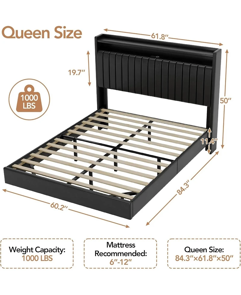 gaomon Full Floating Bed Frame with Led Lights & Charging Station, Upholstered Pu Leather Platform Storage Headboard