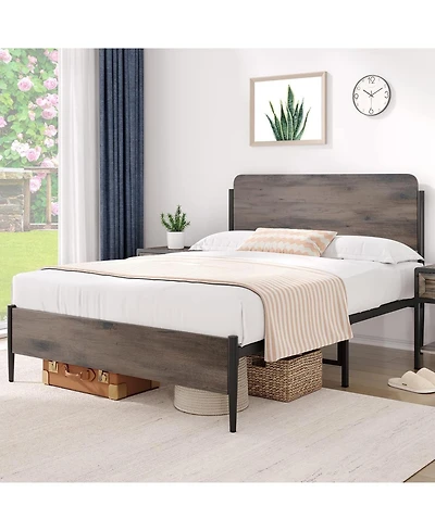 gaomon Bed Frame with Wooden Headboard and Footboard Metal Full Size Bed Frame No Box Spring Needed Easy to Assemble Noise Free Walnut - Queen