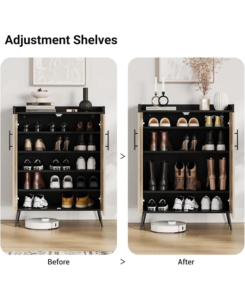 gaomon Rattan Shoe Cabinet, 5-Tier Shoe Storage Cabinet with Doors, Adjustable Shelves and Metal Legs