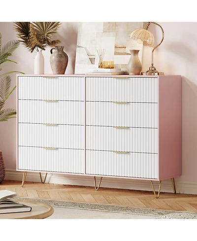gaomon Fluted 8-Drawer Dresser for Bedroom, 55" Wide Modern Wooden Chest of Drawers, Pink