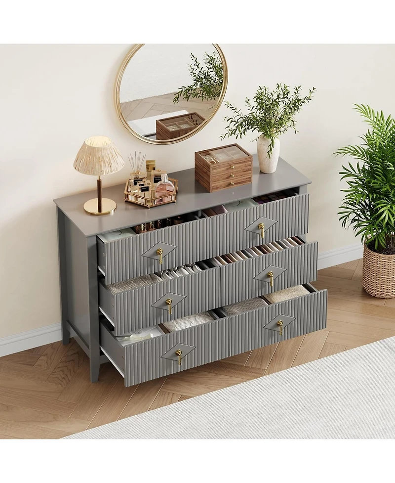 gaomon 47" Wide Fluted Dresser, 6 Drawer Modern Wood Storage Chest for Bedroom or Living Room