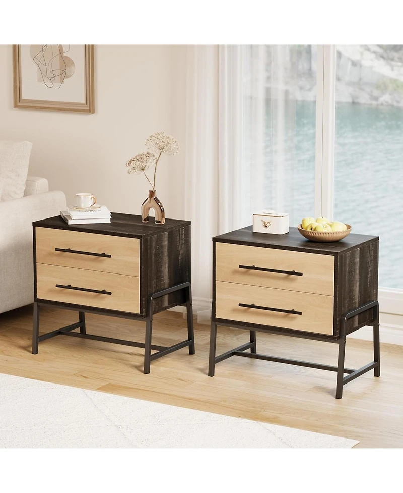 gaomon Farmhouse Nightstand with Drawers, Light Wood Side Table with Metal Legs, Bedside Storage Table, Dark Brown