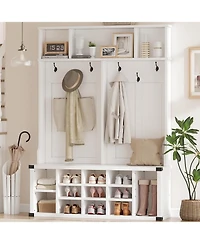 gaomon Hall Tree with Bench and Shoe Storage, Tall Farmhouse Entryway Coat Rack with Adjustable Shelf, White