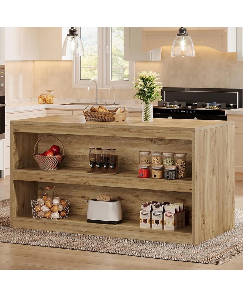 Tribesigns 59-Inch Kitchen Island with Storage, 3-Tier Farmhouse Stationary Island Table with Large Worktop & Seating Area, Breakfast Counter