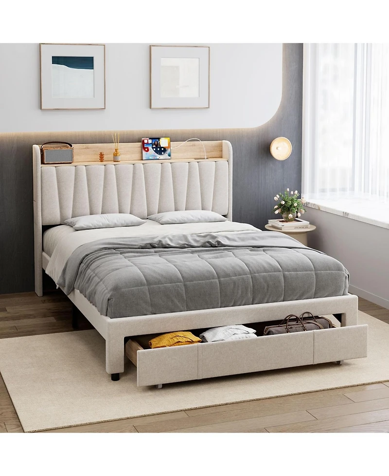 gaomon Upholstered Bed Frame with Storage Headboard and Charging Station, Platform Bed Frame with Drawers, Heavy Duty