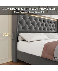 Gaomon Led Platform Bed Frame with Charging Station, Velvet Upholstered Bed Frame with Button Wingback Headboard, No Box Spring Needed