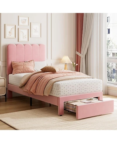 gaomon Twin Bed Frame with Drawer, Velvet Upholstered Platform Bed with Wave Headboard for Kids/Girls, Wooden Slats Support, No Box Spring Needed