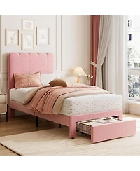gaomon Twin Bed Frame with Drawer, Velvet Upholstered Platform Bed with Wave Headboard for Kids/Girls, Wooden Slats Support, No Box Spring Needed