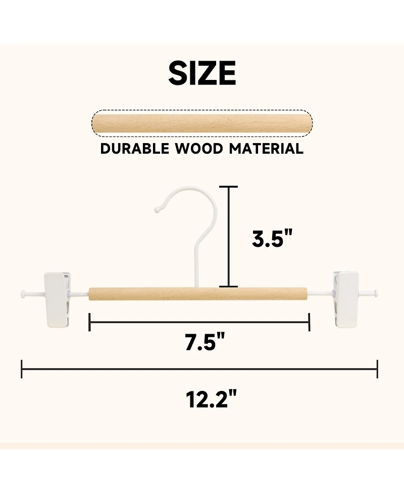 BP4U 12-Pack Metal Pants Hangers with Adjustable Clips, Premium Beech Wood Skirt Bottom for Trousers, Jeans, Shorts, Socks