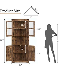 gaomon 67" Tall Corner Storage Cabinet with Lights, Farmhouse Wooden Corner Hutch with Glass Doors, Brown