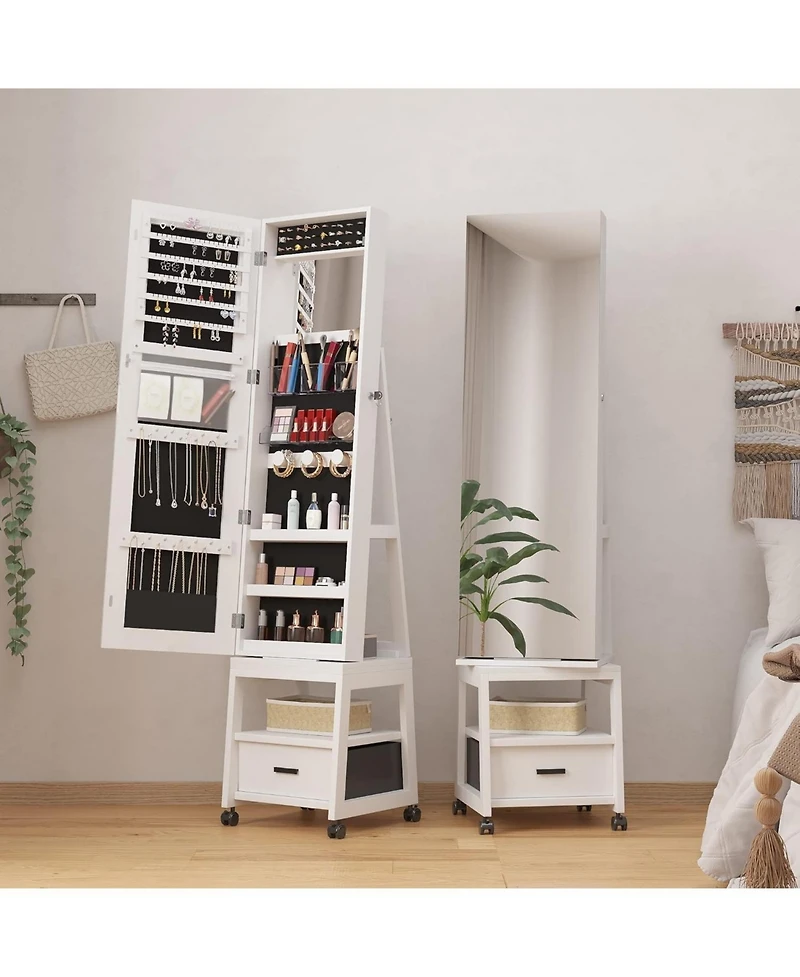 gaomon 360° Swivel Jewelry Armoire with Storage Shelf and Drawer, 66" Full-Length Mirror Cabinet on Wheels