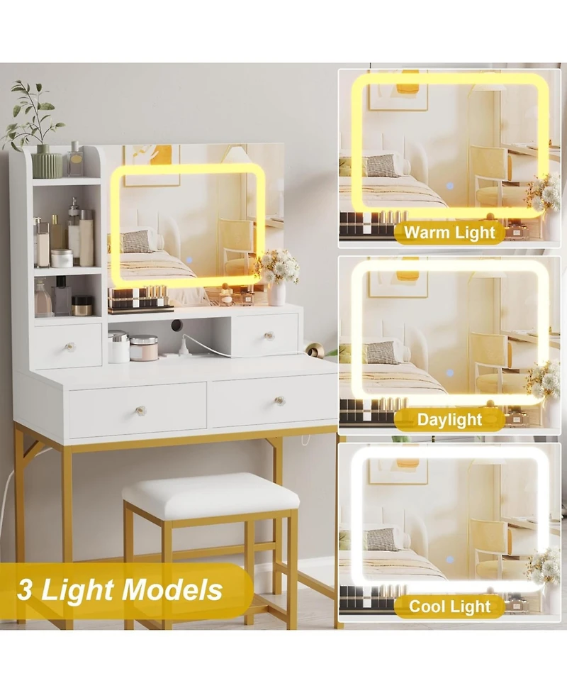 gaomon Makeup Vanity Desk with Mirror and Lights, 3 Color Lighting Modes