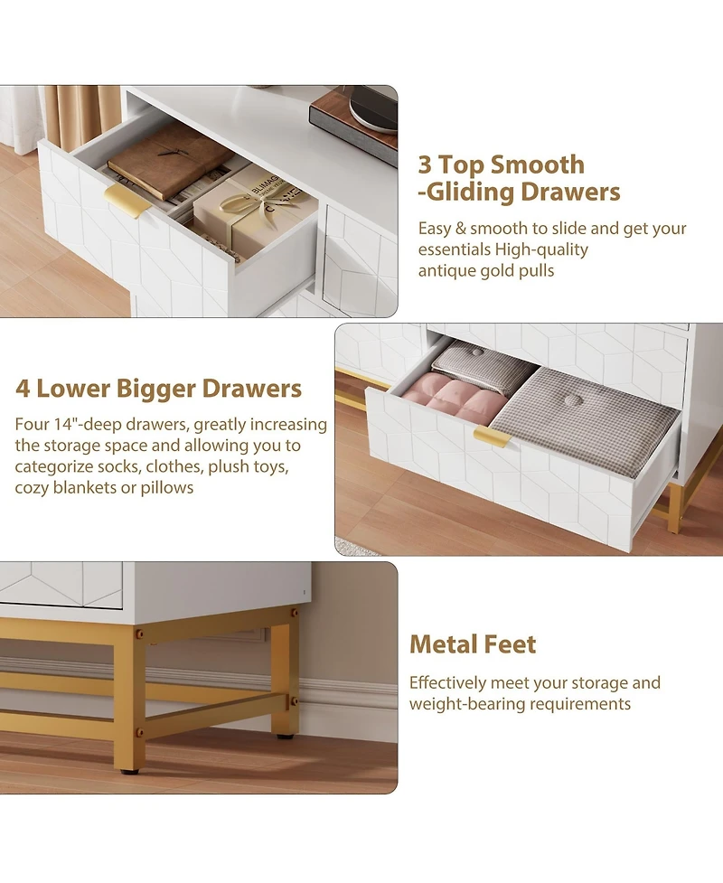 gaomon Modern Dresser for Bedroom, 53.5" Wide 7-Drawer Organizer with Golden Metal Handles and Legs, Stylish Chest of Drawers Living Room