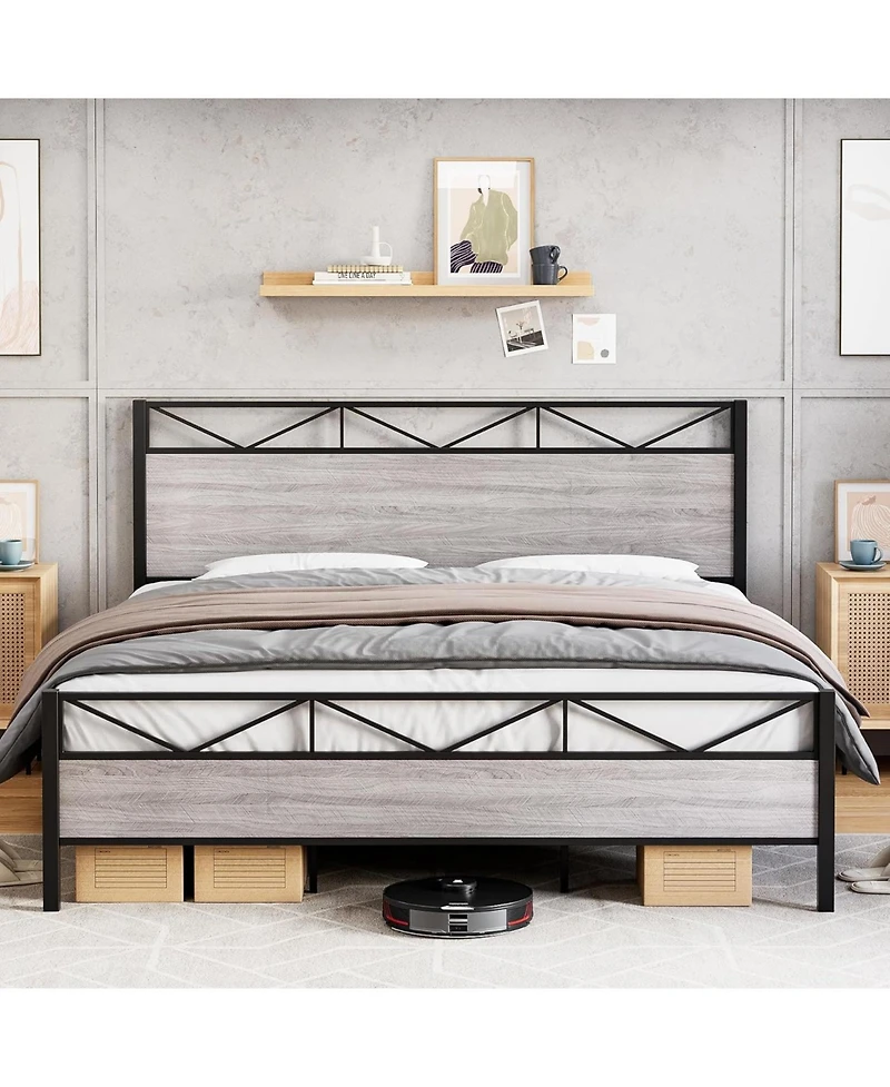 gaomon King Size Bed Frame with Rustic Wood Headboard and Footboard, Heavy Duty Metal Platform Bed Frame with Steel Slat Support