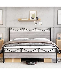 gaomon King Size Bed Frame with Rustic Wood Headboard and Footboard, Heavy Duty Metal Platform Bed Frame with Steel Slat Support