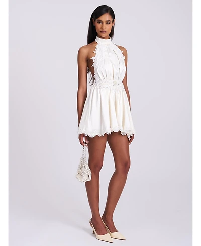 Miss Circle Women's Idalia Beaded Lace Trim Backless Halter Mini Dress