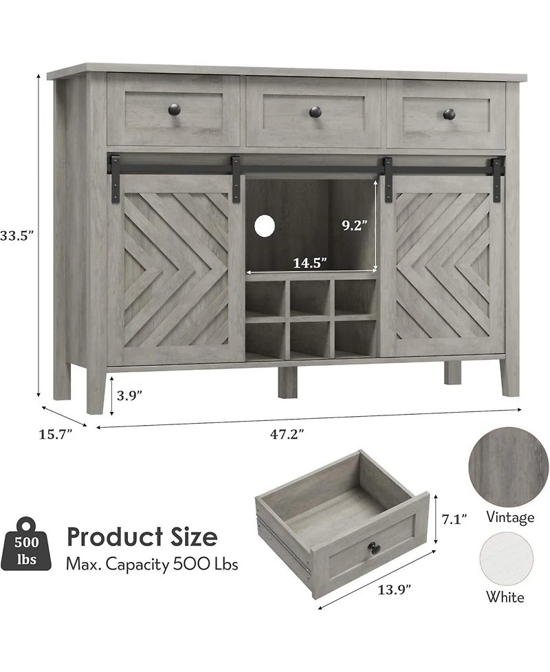 gaomon 47.2" Farmhouse Buffet Cabinet with Sliding Barn Door, 3 Drawers, Wine Rack & Adjustable Shelf