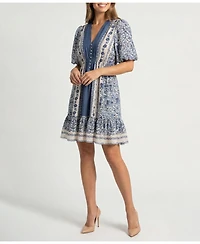 Taylor Petite Printed V-Neck Puff-Sleeve Ruffled-Hem Dress