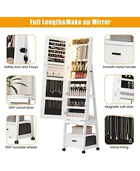 Gaomon 360° Swivel Jewelry Cabinet with Led Lights, Full-Length Mirror and Jewelry Storage, White