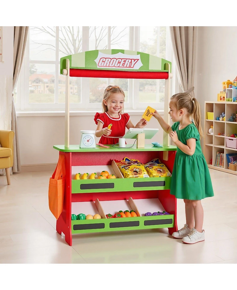 Slickblue 2-in-1 Wooden Puppet Theater and Reversible Grocery Playset