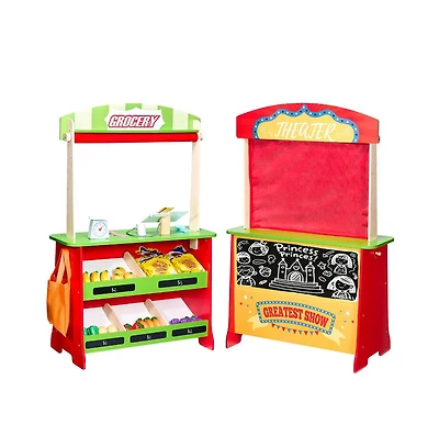 Slickblue 2-in-1 Wooden Puppet Theater and Reversible Grocery Playset