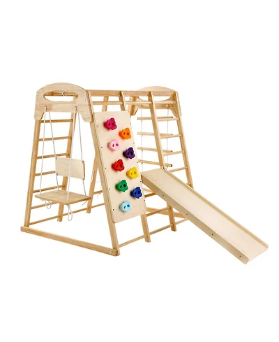 Slickblue Indoor Jungle Gym, 7-in-1 Toddler Indoor Playground, with Wood and Rope Ladder