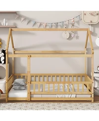 Streamdale Furniture Twin Size House Floor Wooden Bed with Roof Frame Safety Guardrails