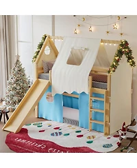 Streamdale Furniture Twin Size House Loft Bed with Sills, Tents, Slide, Lights