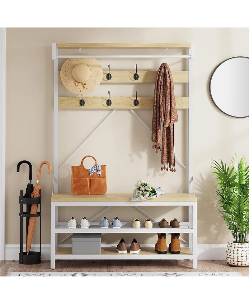 gaomon Coat Rack Shoe Bench Industrial Hall Tree Storage Bench for Entryway, Wood Look Accent Large Shoe Rack with Storage Shelf Hanging Bar,Brown