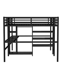 Streamdale Furniture Twin Over Twin Metal Loft Bed with Double Desk, Wardrobe, Shelves & Outlet, Black