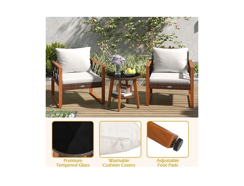 Slickblue 3 Piece Patio Seating Set with Soft Cushions and Glass Top Table
