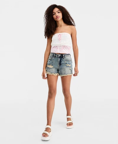 Madden Girl Juniors' High Rise Destructed Denim Shorts
