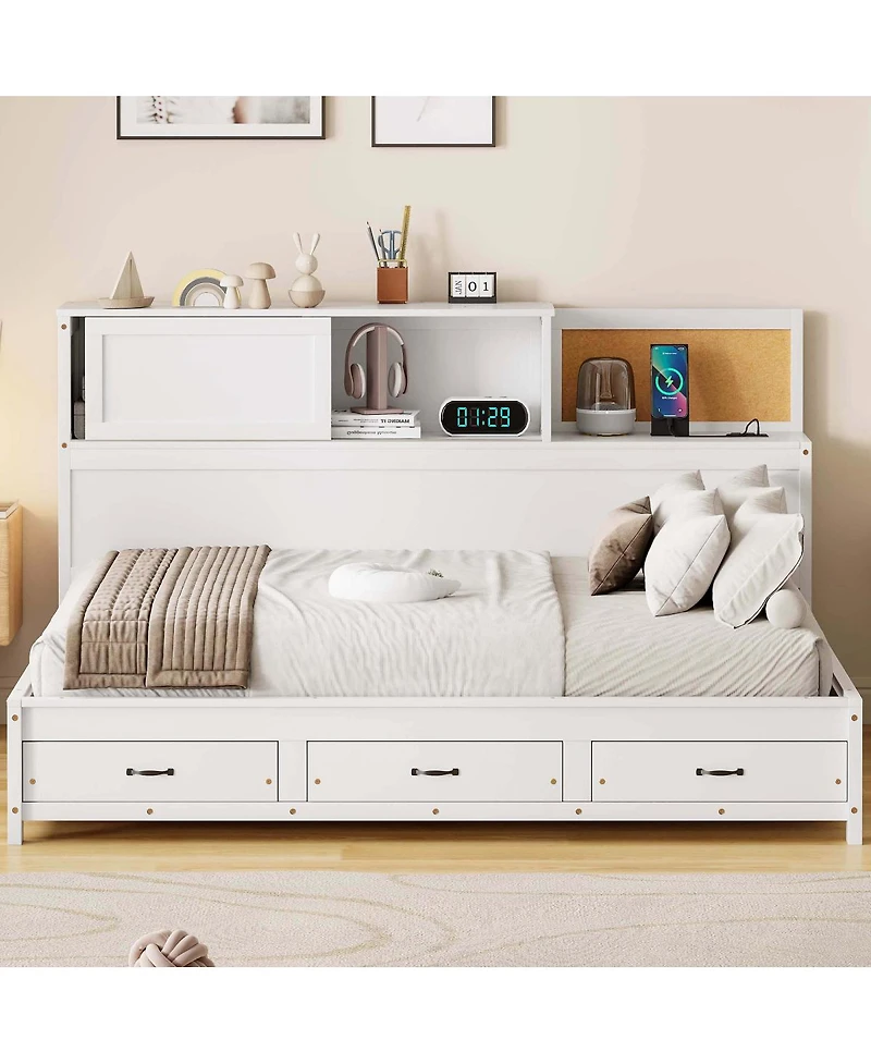 Streamdale Furniture Twin Size Wooden Daybed with 3 Storage Drawers & Usb Ports, White